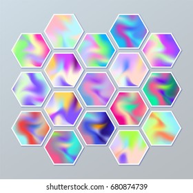 Set of hexagonal holographic stickers with abstract texture. Background of hexagons. Vector pattern with retro design