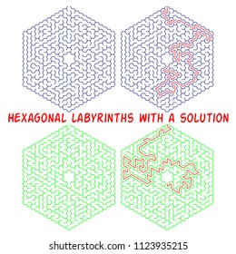 Set of hexagonal labyrinths with a solution. Color hexagonal mazes. A useful puzzle game for children and adults.