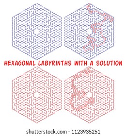 Set of hexagonal labyrinths with a solution. Color hexagonal mazes. A useful puzzle game for children and adults.