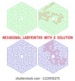 Set of hexagonal labyrinths with a solution. Color hexagonal mazes. A useful puzzle game for children and adults.