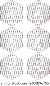Set Of Hexagonal Maze Puzzle Variations With Solution Paths In Red Dash Lines