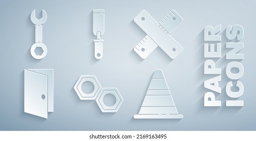Set Hexagonal metal nut, Crossed ruler, Closed door, Traffic cone, Rasp file and Wrench spanner icon. Vector