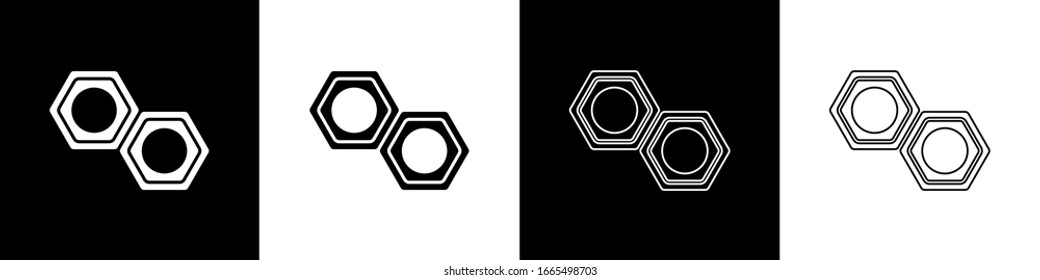 Coloque un icono de tuerca de metal hexagonal aislado en fondo blanco y negro. Ilustración vectorial