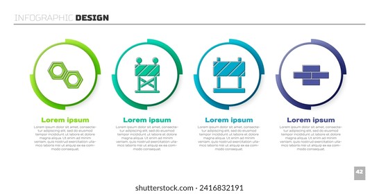 Set Hexagonal metal nut, Road barrier, Road barrier and Bricks. Business infographic template. Vector