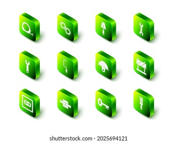 Set Hexagonal metal nut, Trowel, Wrench spanner, Road barrier, Paint brush, Worker safety helmet, Old key and Bricks icon. Vector