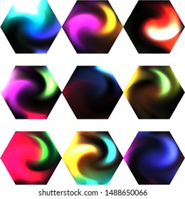 Set of hexagonal modern backgrounds. Geometric style of 90th, 80th. Trendy soft color element. Black fluid colorful gradient shapes for your mobile app and screens.