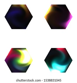 Set of hexagonal modern backgrounds. Trendy soft color hexagon. Holographic style of 90th, 80th. Black fluid colorful gradient shapes for your mobile app and screens.