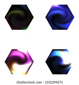 Set of hexagonal modern backgrounds. Trendy soft color effect. Cool style of 90th, 80th. Black fluid colorful gradient shapes for your mobile app and screens.