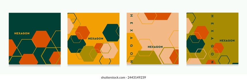 Set Hexagonal Molecular Structure in Green, Orange, Yellow Colors. Abstract Pattern for Advertising, Web, Social Media, Poster, Banner, Cover. 3D Retro Style 70s . Vector Illustration.