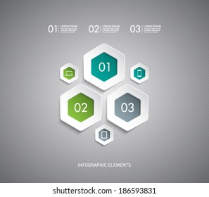 Set of hexagonal paper banners with striped background for business design, infographics, reports, number options, progress, step presentation, workflow layout or websites. Clean and modern style