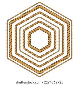 Set of hexagonal rope frame isolated on white background. Twisted cord with decorative loops and nautical knots. Braided rope decor. Vintage flat cartoon vector border.