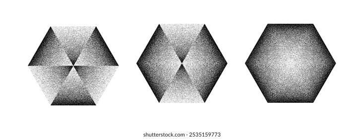 Un conjunto de Formas hexagonales con Gradientes de semitonos y patrones punteados, aislados sobre un fondo blanco. Ilustración vectorial.