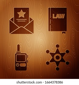 Set Hexagram sheriff, The arrest warrant, Walkie talkie and Law book on wooden background. Vector