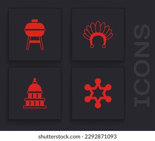Set Hexagram sheriff, Barbecue grill, Indian headdress with feathers and White House icon. Vector