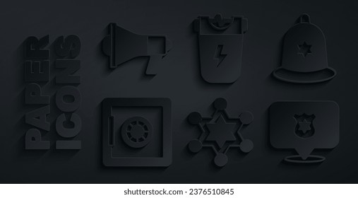 Set Hexagram sheriff, British police helmet, Safe, Police badge, electric shocker and Megaphone icon. Vector