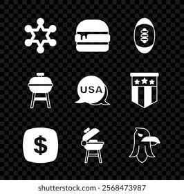 Set Hexagram sheriff, Burger, American Football ball, Dollar symbol, Barbecue grill, Eagle,  and USA Independence day icon. Vector