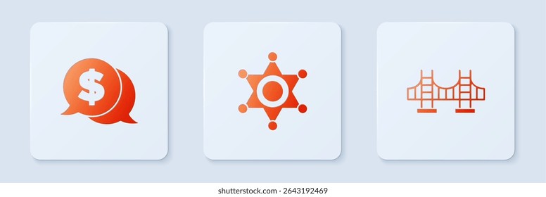 Set Hexagram sheriff, Coin money with dollar and Golden gate bridge. White square button. Vector