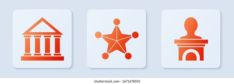 Set Hexagram sheriff, Courthouse Building und Stage Stand oder Debatte Podium rostrum. Weißer Quadrat-Knopf. Vektorillustration