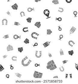 Set Hexagram sheriff, Gold bars, Dynamite bomb and Horseshoe on seamless pattern. Vector