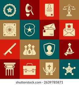 Set Hexagram sheriff, Hand holding money bag, The arrest warrant, Identification badge, Police, Safe,  and Envelope icon. Vector