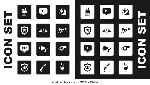 Set Hexagram sheriff, Sheriff hat with badge, Police, Walkie talkie, electric shocker, Telephone call 911, Whistle and 112 icon. Vector