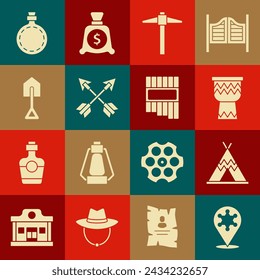 Set Hexagram sheriff, tipi o wigwam indio, tambor, pico, flechas cruzadas, pala, botella de agua cantina e icono de flauta Pan. Vector