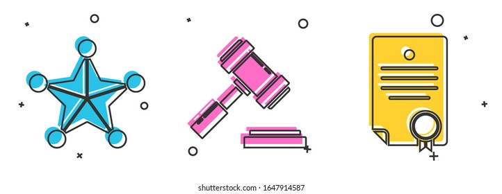Set Hexagram sheriff, Judge gavel and Certificate template icon. Vector