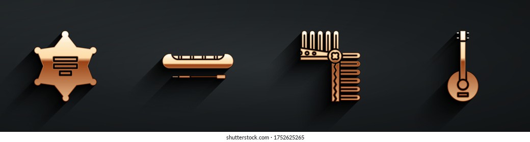 Set Hexagram sheriff, Kayak or canoe and paddle, Indian headdress with feathers and Banjo icon with long shadow. Vector