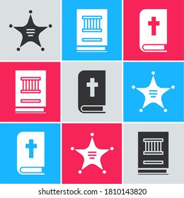 Set Hexagram sheriff, Law book and Holy bible book icon. Vector