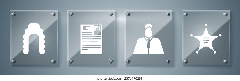 Set Hexagram sheriff, Lawyer, attorney, jurist, Lawsuit paper and Judge wig. Square glass panels. Vector