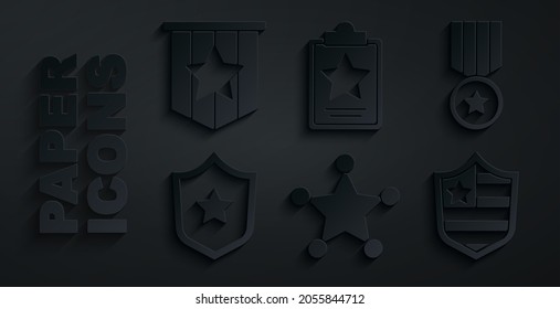 Set Hexagram sheriff, Medal with star, Police badge, Shield stars, USA Independence day and American flag icon. Vector