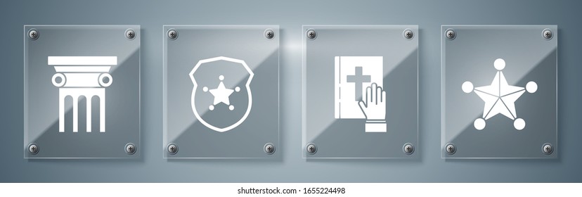 Set Hexagram sheriff, Oath on the Holy Bible, Police badge and Law pillar. Square glass panels. Vector