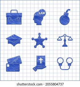 Set Hexagram Sheriff, Eid auf der Heiligen Bibel, Handschellen, Maßstäbe der Gerechtigkeit, Umschlag, Graduationsmütze, Bombe bereit zum explodieren und Briefkasten Symbol. Vektorgrafik
