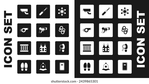 Set Hexagram sheriff, Police electric shocker, Whistle, Security camera, Handcuffs, Telescopic baton, Footsteps and Prison window icon. Vector