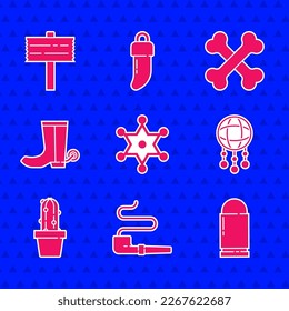 Set Hexagram sheriff, Smoking pipe, Bullet, Dream catcher with feathers, Cactus peyote pot, Cowboy boot, Crossed human bones and Road traffic signpost icon. Vector