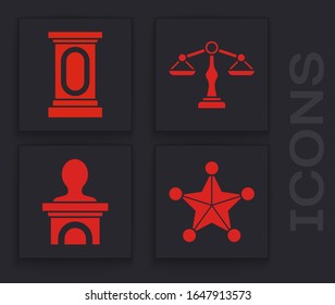Set Hexagram sheriff, Stage stand or debate podium rostrum, Scales of justice and Stage stand or debate podium rostrum icon. Vector