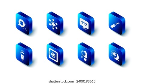 Set Hexagram sheriff, Telephone call 112, Telescopic baton, Footsteps, Safe, Flashlight and Police badge icon. Vector