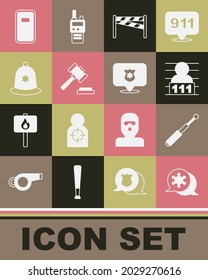 Set Hexagram sheriff, Telescopic baton, Suspect criminal, Crime scene, Judge gavel, British police helmet, Police assault shield and badge icon. Vector