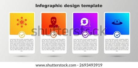 Set Hexagram sheriff, Thief mask, Police badge and Sheriff hat with. Business infographic template. Vector