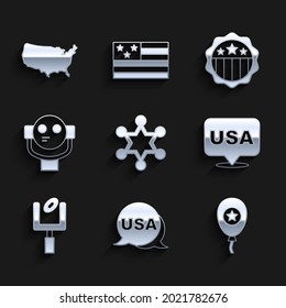 Set Hexagram sheriff, USA Independence day, Balloons, American football goal post, Tourist binoculars,  and map icon. Vector