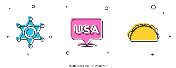 Set Hexagram sheriff, USA Independence day and Taco with tortilla icon. Vector