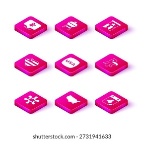 Set Hexagram sheriff, USA map, Independence day, Calendar with date July 4, Eagle, American flag and Barbecue grill icon. Vector