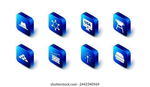 Set Hexagram sheriff, USA on monitor, Barbecue grill, Burger, Firework, Drum and drum sticks, Gold bars and Man hat with ribbon icon. Vector