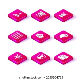 Set Hexagram sheriff, User protection, Prison window, Police cap with cockade, Envelope, Head law, Flasher siren and Law pillar icon. Vector