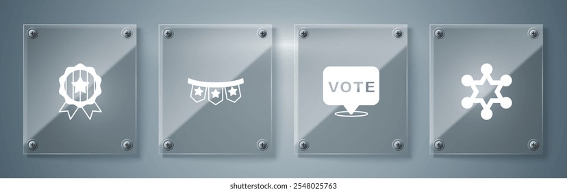 Set Hexagram sheriff, Vote, Carnival garland with flags and Medal star. Square glass panels. Vector