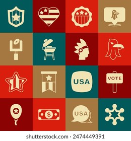 Set Hexagram sheriff, Vote, Eagle, USA Independence day, Barbecue grill, American football goal post, Shield with stars and Native Indian icon. Vector