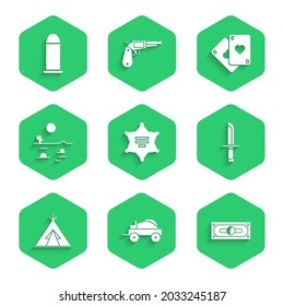 Set Hexagram sheriff, Wild west covered wagon, Stacks paper money cash, Military knife, Indian teepee or wigwam, Desert landscape with cactus, Playing cards and Bullet icon. Vector