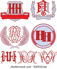 Set of HH monograms and decorative emblem templates with two letters HH. Vector collection.