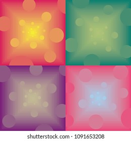 Set of hi tech modern illusion background vectors. Hot pink, green, red, purple, yellow, lilac, fuchsia, bright colors geometric backdrops, flying spherew coming out of the light.