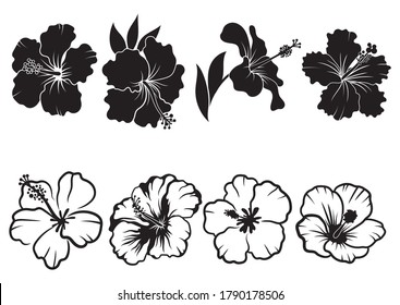 Set of hibiscus. Collection of tropical chaba flower buds. Set of silhouettes of tropical flowers. Black and white drawing of spring plants. Tattoo.